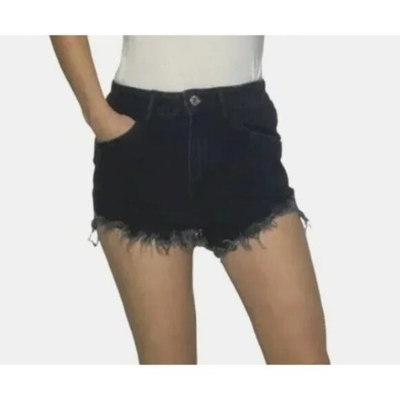 ZARA The High Rise Cotton Distressed Cut Off Shorts Button Fly Denim 6 Black - Picture 1 of 15